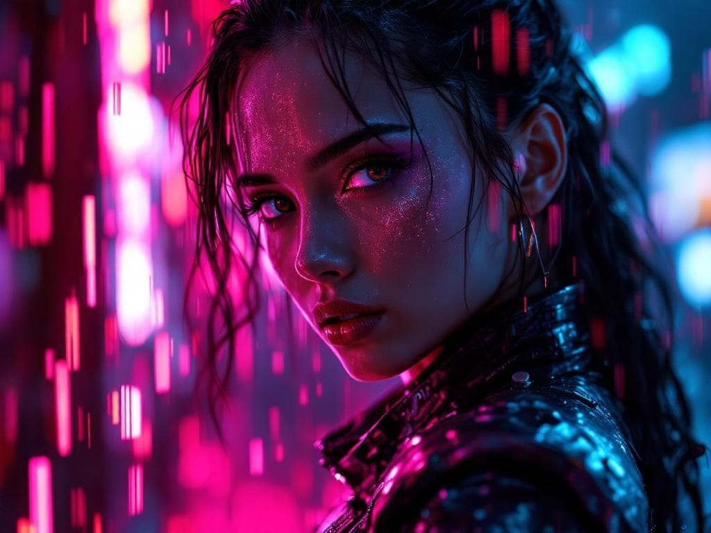 Cinematic portrait of a cyberpunk warrior with neon pink and blue lighting, wet hair, futuristic armor, intense gaze